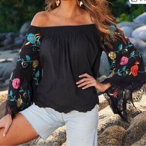 Anthropologie Ruby Yaya CottonTunic Embroidered Long Bell Sleeve Off ShoulderTop